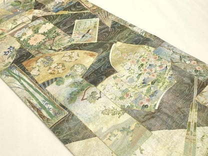 平和屋本店▼西陣あさぎ　丸帯　日本絵画全集　プラチナ本金箔　壱仟八百口織　さが美扱い　正絹　逸品　DABL7798sf