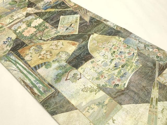 平和屋本店▼西陣あさぎ　丸帯　日本絵画全集　プラチナ本金箔　壱仟八百口織　さが美扱い　正絹　逸品　DABL7798sf