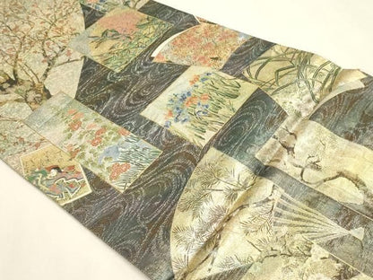 平和屋本店▼西陣あさぎ　丸帯　日本絵画全集　プラチナ本金箔　壱仟八百口織　さが美扱い　正絹　逸品　DABL7798sf