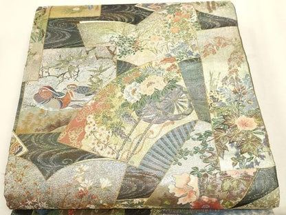 平和屋本店▼西陣あさぎ　丸帯　日本絵画全集　プラチナ本金箔　壱仟八百口織　さが美扱い　正絹　逸品　DABL7798sf