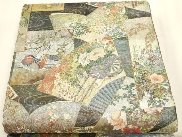 平和屋本店▼西陣あさぎ　丸帯　日本絵画全集　プラチナ本金箔　壱仟八百口織　さが美扱い　正絹　逸品　DABL7798sf