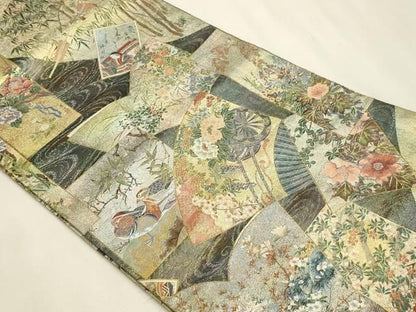 平和屋本店▼西陣あさぎ　丸帯　日本絵画全集　プラチナ本金箔　壱仟八百口織　さが美扱い　正絹　逸品　DABL7798sf