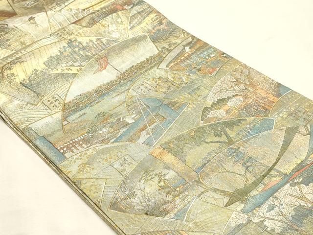 平和屋本店▼西陣あさぎ　丸帯　慶重　名所大江戸百景　二十四金プラチナ二重箔　正絹　逸品　DABL7821sf