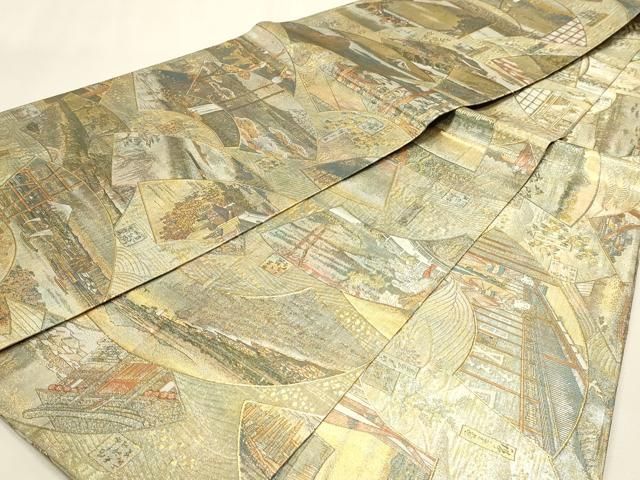 平和屋本店▼西陣あさぎ　丸帯　慶重　名所大江戸百景　二十四金プラチナ二重箔　正絹　逸品　DABL7821sf