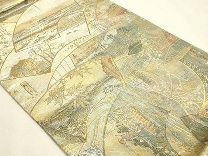 平和屋本店▼西陣あさぎ　丸帯　慶重　名所大江戸百景　二十四金プラチナ二重箔　正絹　逸品　DABL7821sf