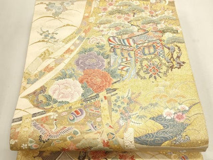 平和屋本店▼六通柄袋帯　唐織　御所車花文　本金箔　正絹　逸品　DABL7823sf