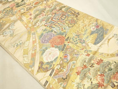 平和屋本店▼六通柄袋帯　唐織　御所車花文　本金箔　正絹　逸品　DABL7823sf