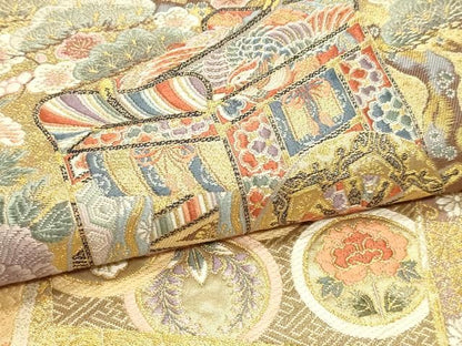 平和屋本店▼六通柄袋帯　唐織　御所車花文　本金箔　正絹　逸品　DABL7823sf