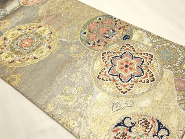 平和屋本店▼全通全景柄袋帯　双鶴正倉院花文　本金プラチナ箔　正絹　逸品　DABL7837sf