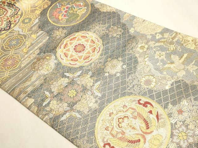 平和屋本店▼全通全景柄袋帯　双鶴正倉院花文　本金プラチナ箔　正絹　逸品　DABL7837sf