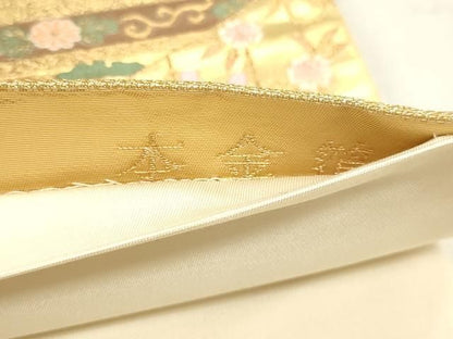 平和屋本店▼六通柄袋帯　唐織　裂取花鳥文　本金箔　正絹　逸品　DABL7858sf