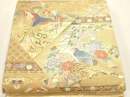 平和屋本店▼六通柄袋帯　唐織　裂取花鳥文　本金箔　正絹　逸品　DABL7858sf