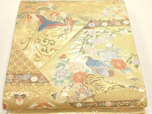 平和屋本店▼六通柄袋帯　唐織　裂取花鳥文　本金箔　正絹　逸品　DABL7858sf