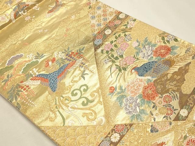 平和屋本店▼六通柄袋帯　唐織　裂取花鳥文　本金箔　正絹　逸品　DABL7858sf