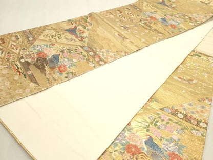 平和屋本店▼六通柄袋帯　唐織　裂取花鳥文　本金箔　正絹　逸品　DABL7858sf