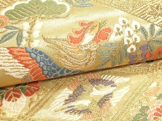 平和屋本店▼六通柄袋帯　唐織　裂取花鳥文　本金箔　正絹　逸品　DABL7858sf