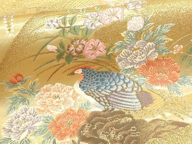 平和屋本店▼六通柄袋帯　唐織　裂取花鳥文　本金箔　正絹　逸品　DABL7858sf