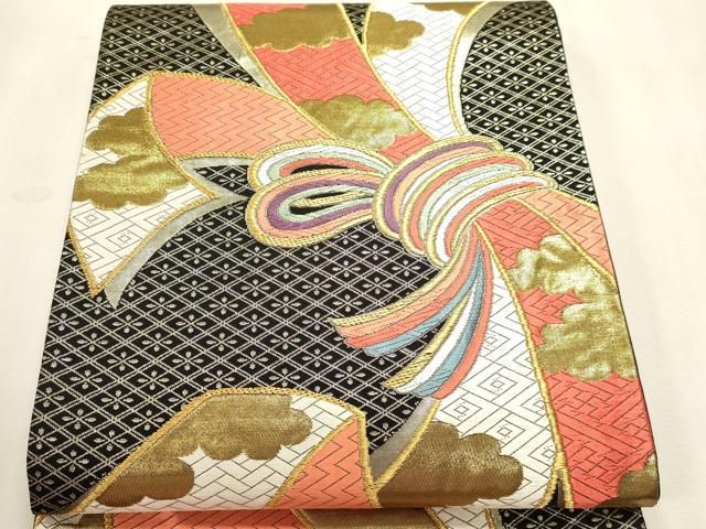 平和屋本店▼六通柄袋帯　唐織　優美錦　束ね熨斗　黒地　本金銀　二重箔　正絹　逸品　DABL7864sf