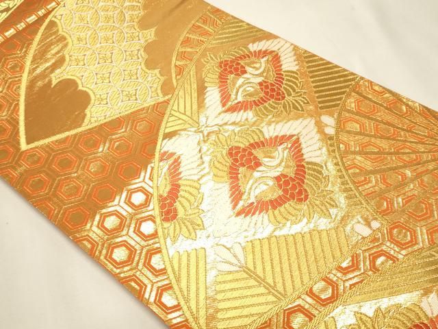 平和屋本店▼六通柄袋帯　亀甲詰扇面松鶴紋　純金箔　正絹　逸品　DABL7865sf