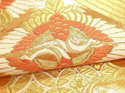 平和屋本店▼六通柄袋帯　亀甲詰扇面松鶴紋　純金箔　正絹　逸品　DABL7865sf