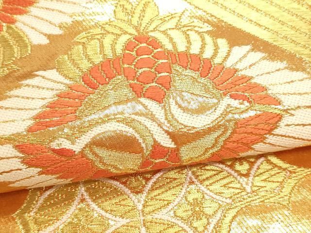 平和屋本店▼六通柄袋帯　亀甲詰扇面松鶴紋　純金箔　正絹　逸品　DABL7865sf