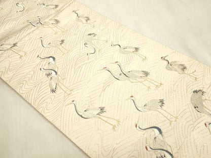 平和屋本店▼六通柄袋帯　流水群鶴文　純金箔　正絹　逸品　DABL7866sf