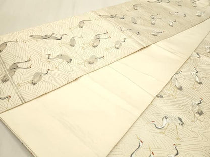平和屋本店▼六通柄袋帯　流水群鶴文　純金箔　正絹　逸品　DABL7866sf