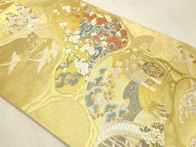 平和屋本店▼西陣　藤林織物謹製　六通柄袋帯　琳派趣景文　本金箔　証紙付き　正絹　逸品　DABL7867sf