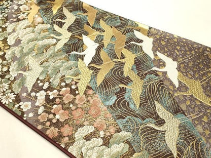 平和屋本店▼六通柄袋帯　飛鶴花丸文　本金箔二重　正絹　逸品　DABL7873sf