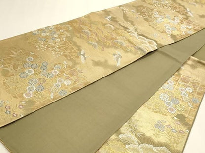 平和屋本店▼六通柄袋帯　松鶴流水文　純金箔二重織　正絹　逸品DABL7891sf