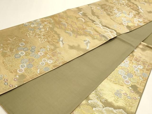 平和屋本店▼六通柄袋帯　松鶴流水文　純金箔二重織　正絹　逸品DABL7891sf