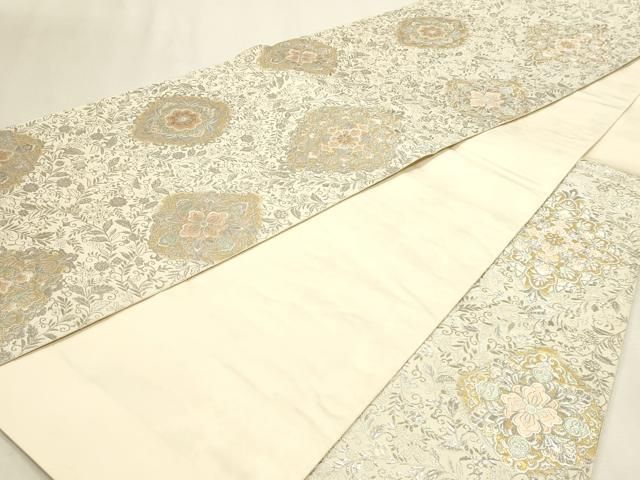 平和屋本店▼西陣　服部織物謹製　六通柄袋帯　花菱　プラチナ　本金箔　正絹　逸品　DABL7895sf