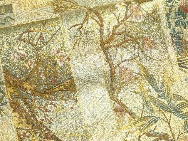 平和屋本店▼西陣あさぎ　両面　全通全景柄袋帯　近代花鳥画　日本美術名鑑　24金プラチナ二重箔　正絹　逸品　DABL7896sf