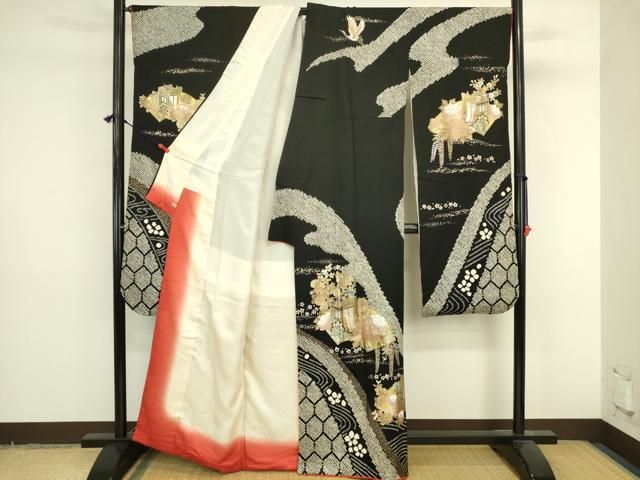 平和屋着物●豪華振袖　絞り　御所車飛鶴花文　黒地　金彩　さが美扱い　正絹　逸品　DABL9015op