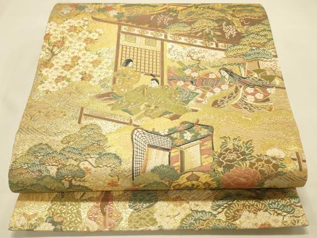 平和屋本店▼全通柄袋帯　風景人物花文　本金弐重箔　正絹　逸品　未使用　DABL9232op