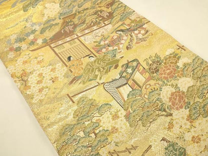 平和屋本店▼全通柄袋帯　風景人物花文　本金弐重箔　正絹　逸品　未使用　DABL9232op