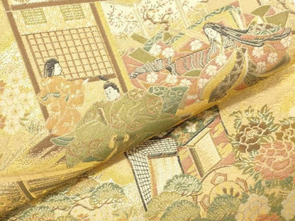 平和屋本店▼全通柄袋帯　風景人物花文　本金弐重箔　正絹　逸品　未使用　DABL9232op