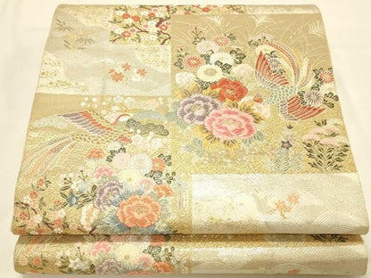 平和屋本店▼西陣　織華佐竹謹製　六通柄袋帯　唐織　九百錦　瑞鳳錦　色紙取瑞鳥花車文　本金箔　証紙付き　正絹　逸品　DABL9235op