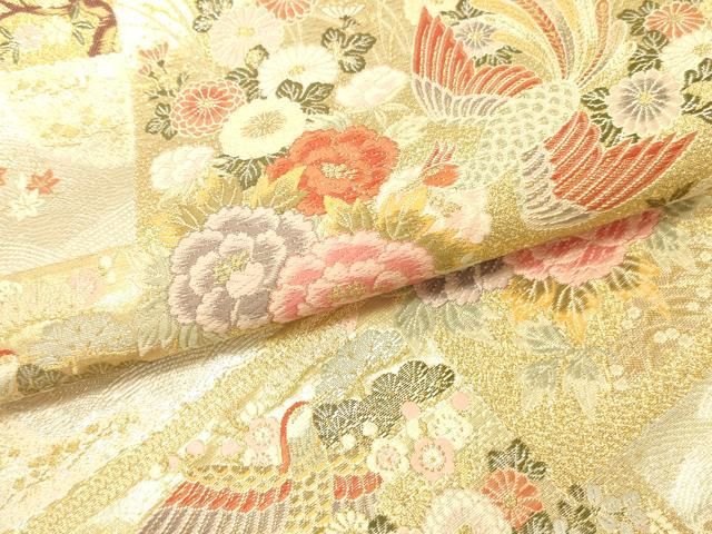 平和屋本店▼西陣　織華佐竹謹製　六通柄袋帯　唐織　九百錦　瑞鳳錦　色紙取瑞鳥花車文　本金箔　証紙付き　正絹　逸品　DABL9235op