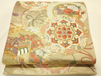 平和屋本店▼六通柄袋帯　唐織　鏡裏御所車花鳥文　純金箔　正絹　逸品　DABL9236op
