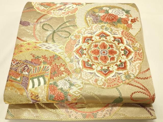 平和屋本店▼六通柄袋帯　唐織　鏡裏御所車花鳥文　純金箔　正絹　逸品　DABL9236op