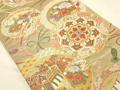 平和屋本店▼六通柄袋帯　唐織　鏡裏御所車花鳥文　純金箔　正絹　逸品　DABL9236op