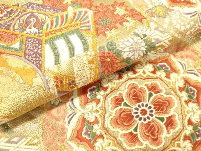 平和屋本店▼六通柄袋帯　唐織　鏡裏御所車花鳥文　純金箔　正絹　逸品　DABL9236op