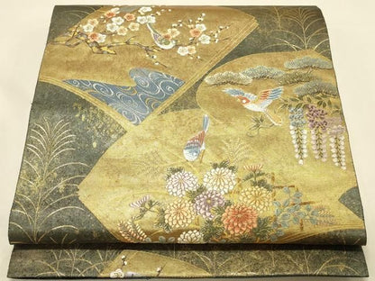平和屋本店▼六通柄袋帯　唐織　秋草謡本文　本金鍍金箔　正絹　逸品　DABL9239op