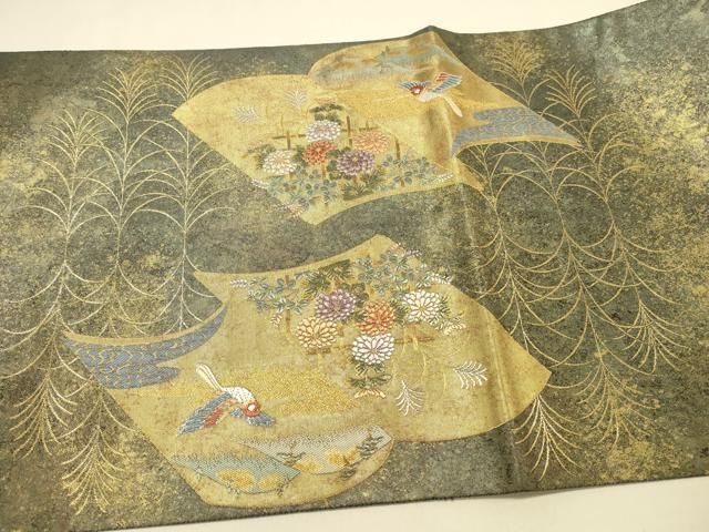平和屋本店▼六通柄袋帯　唐織　秋草謡本文　本金鍍金箔　正絹　逸品　DABL9239op