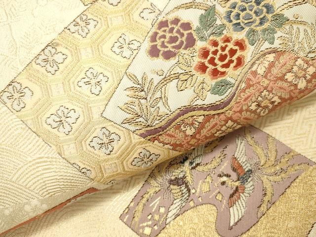 平和屋本店▼六通柄袋帯　唐織　色紙重ね花鳥文　九百錦　純金箔24K　正絹　逸品　DABL9244op