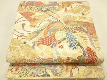 平和屋本店▼六通柄袋帯　唐織　桧扇鳳凰の調　本金箔　正絹　逸品　DABL9252op