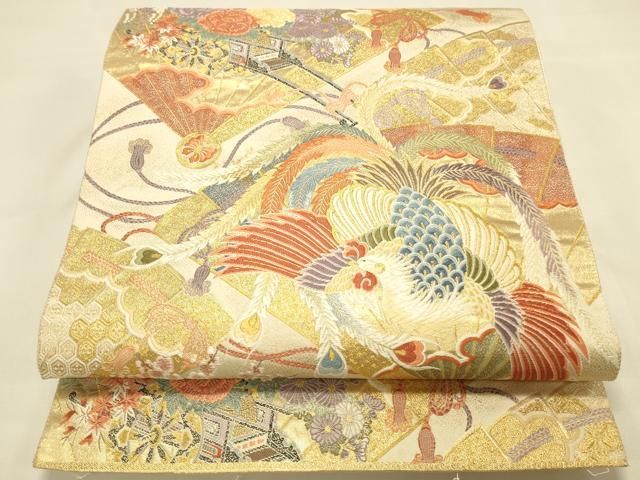 平和屋本店▼六通柄袋帯　唐織　桧扇鳳凰の調　本金箔　正絹　逸品　DABL9252op