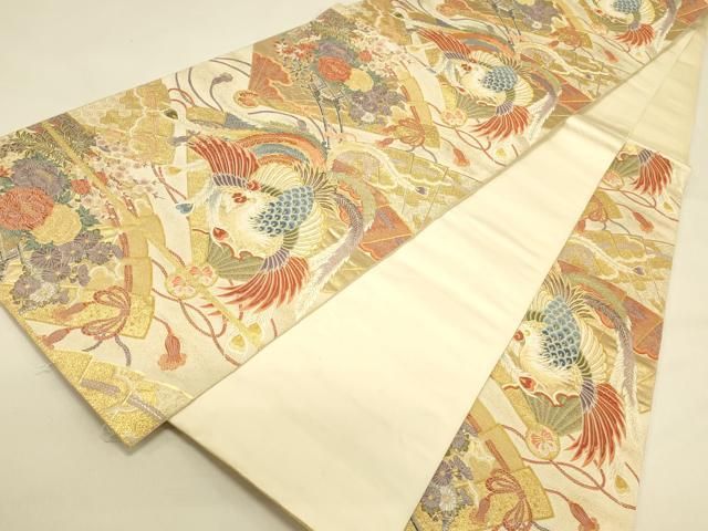 平和屋本店▼六通柄袋帯　唐織　桧扇鳳凰の調　本金箔　正絹　逸品　DABL9252op