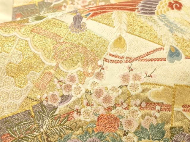 平和屋本店▼六通柄袋帯　唐織　桧扇鳳凰の調　本金箔　正絹　逸品　DABL9252op